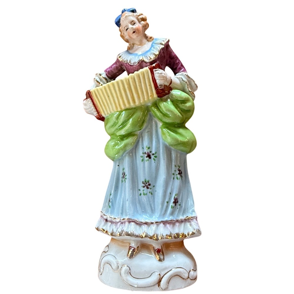 Vintage Occupied Japan Woman Accordion Figurine Hand Painted Porcelain Multi 9in
